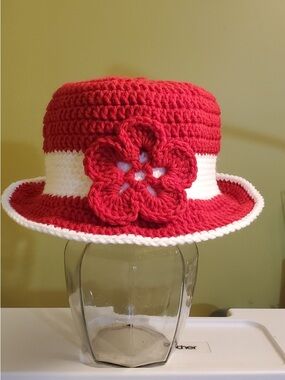 Hand-Crocheted Red and White Floral Sun Hat